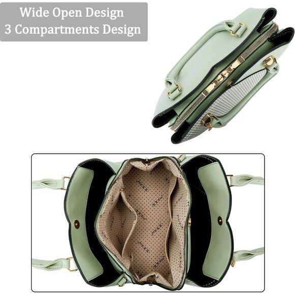 Women’s Green Triple Compartment Satchel Fashion Top Handle Shoulder Bag - Picture 6 of 6